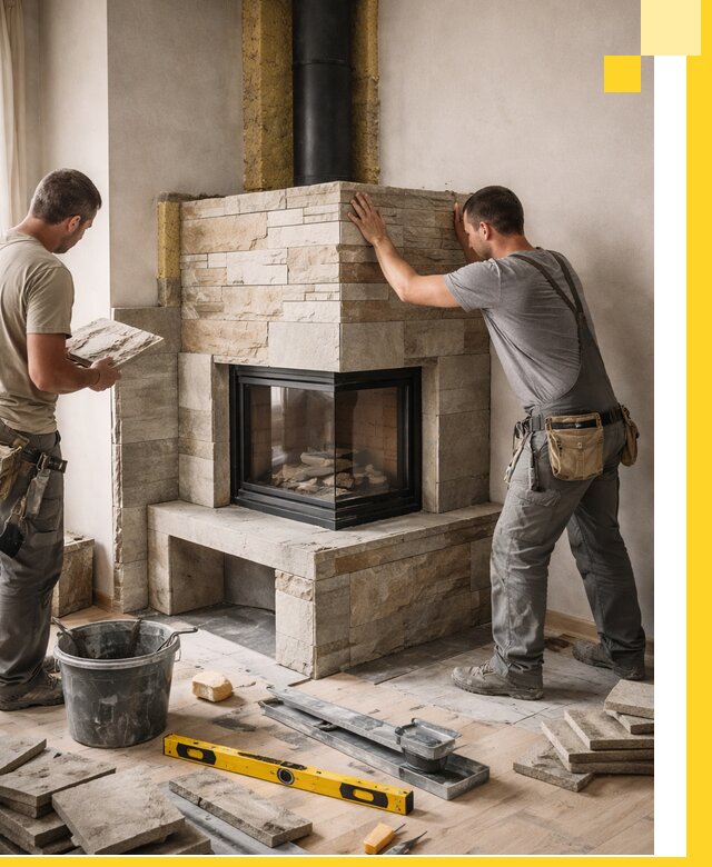 Угловые камины под ключ проект, монтаж и отделка в Выксе